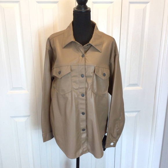 Excuse Womens Tan Faux Leather Lightweight Layering Button Up Jacket Top Large - Picture 5 of 9
